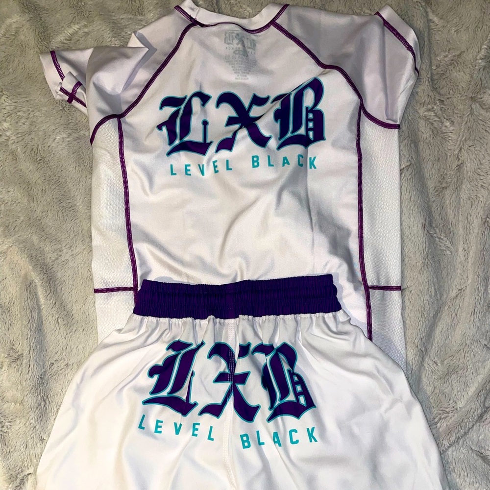 Level x Black Purple Reign Ranked Rashguard and Training Shorts Nogi BJJ Set